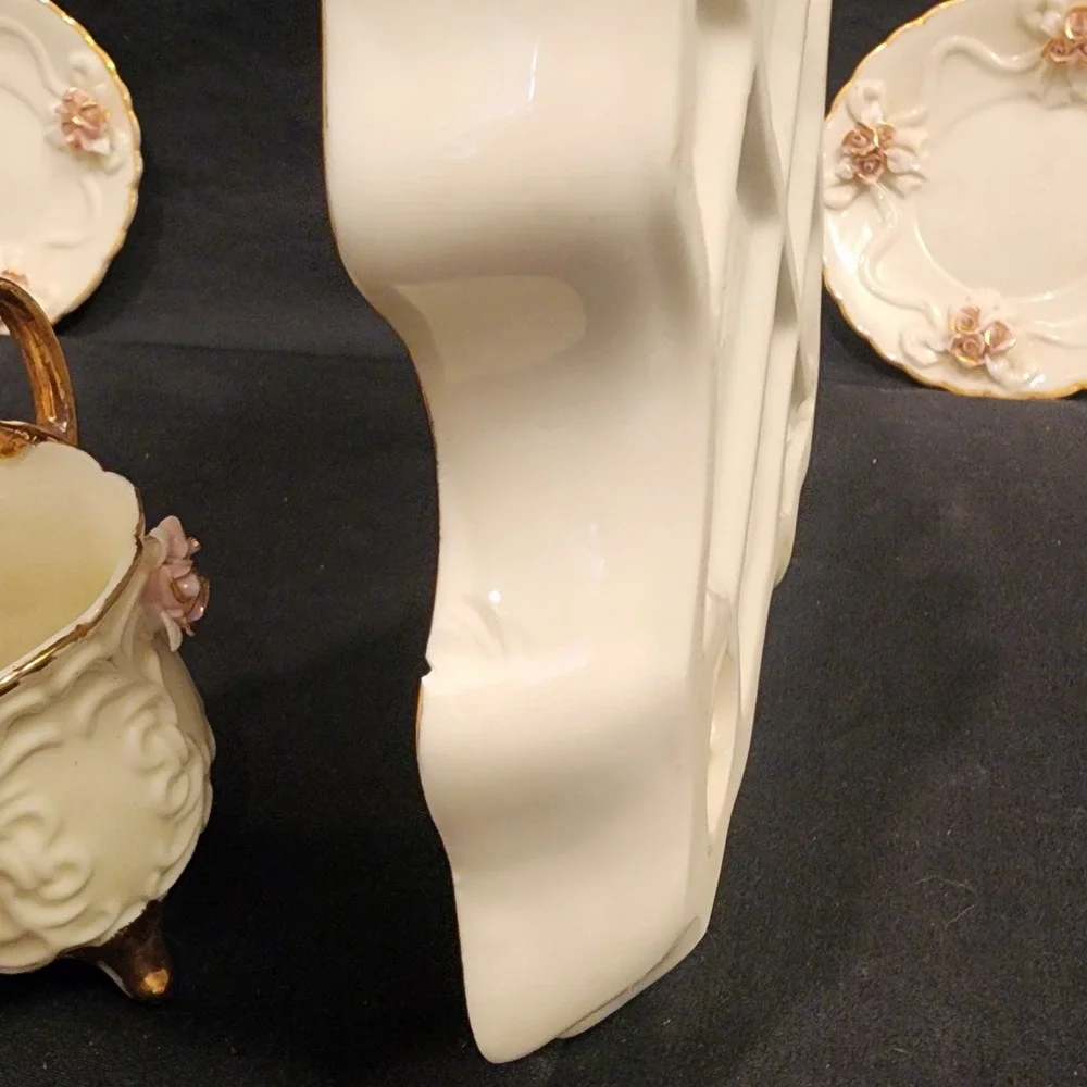 VTG Victorian Porcelain 5‎ Pc Set Pink Rose & Gold Trim Shabby Chic